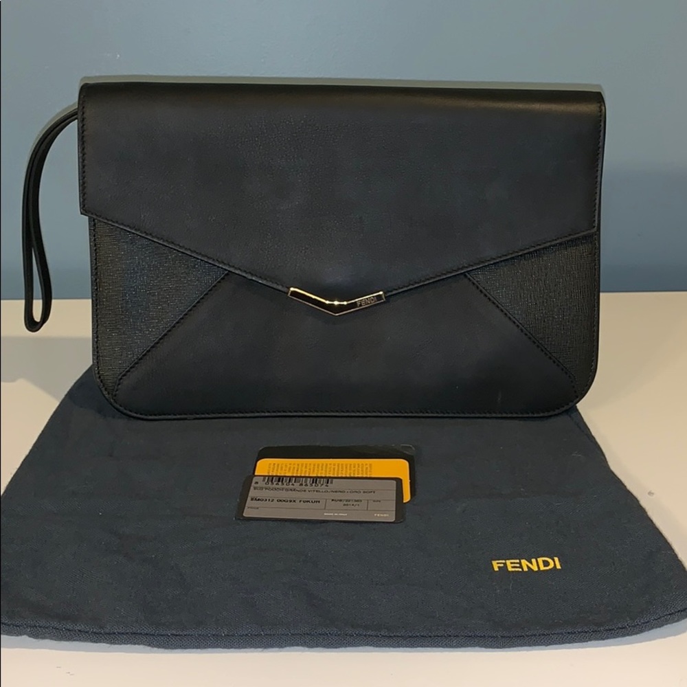 Fendi black clutch with gold hardware